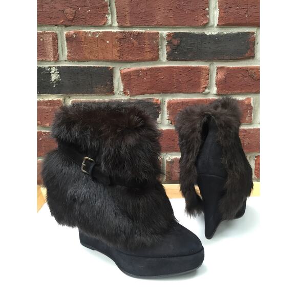 OPENING CEREMONY 2 In 1 Black Suede Fur Buckle Wedge Tall Ankle Boots 37 6.5 - Picture 3 of 13